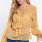 Women's Ruffle Sleeve Peplum Print Woven Top