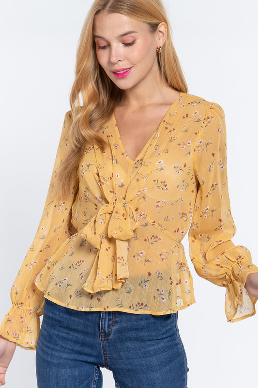 Women's Ruffle Sleeve Peplum Print Woven Top
