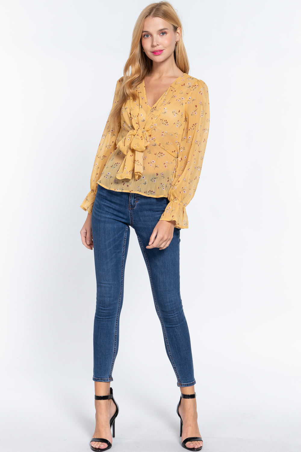 Women's Ruffle Sleeve Peplum Print Woven Top