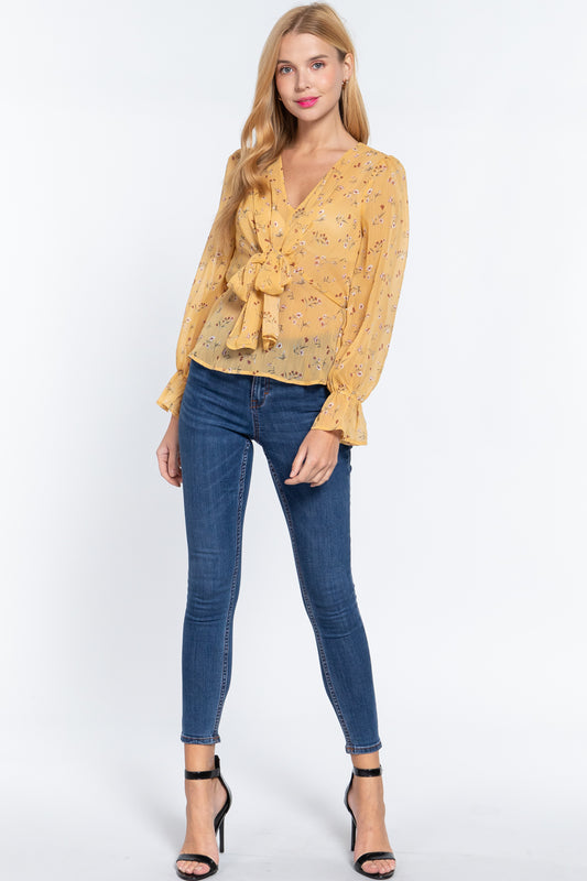 Women's Ruffle Sleeve Peplum Print Woven Top