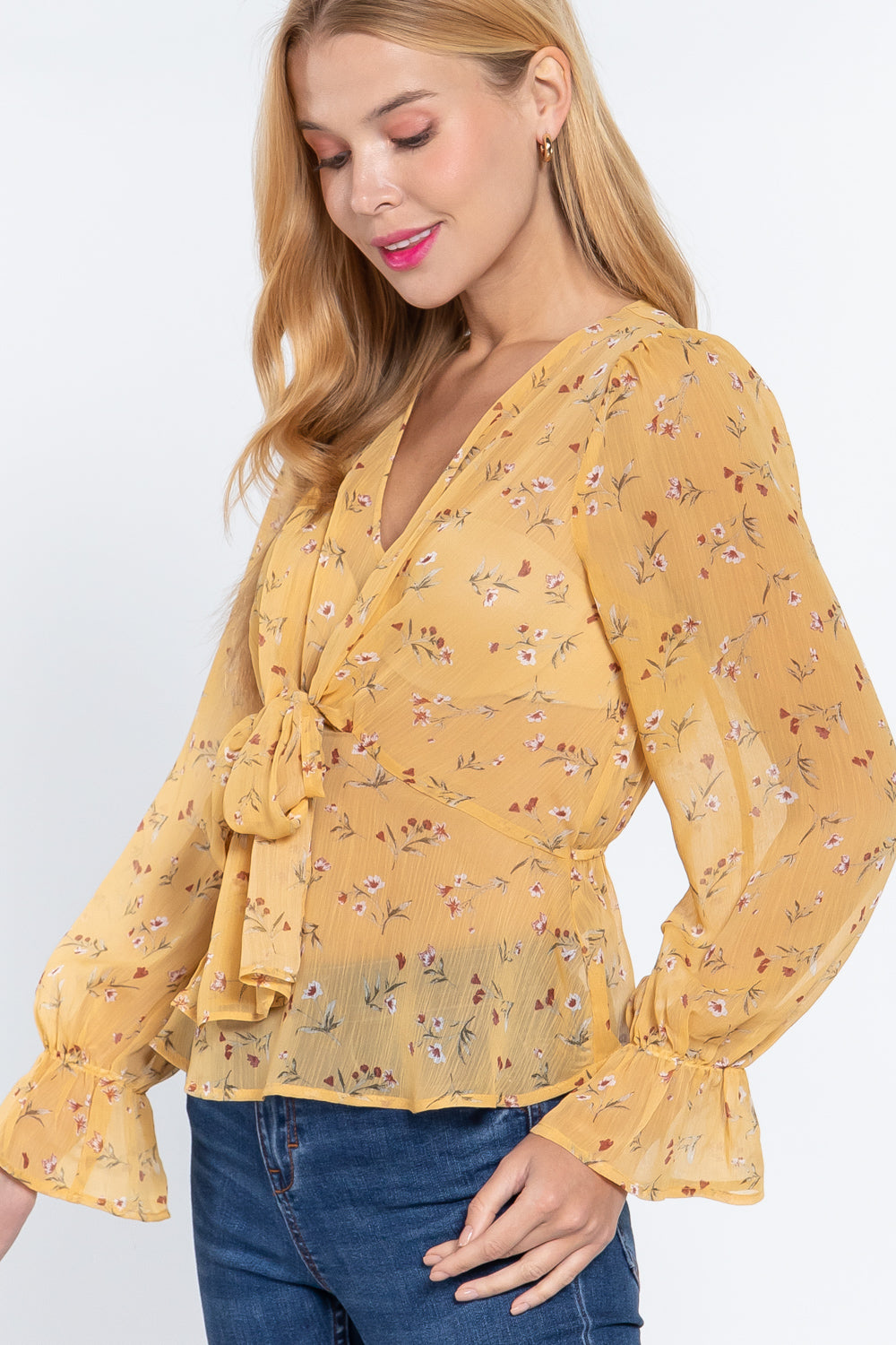 Women's Ruffle Sleeve Peplum Print Woven Top