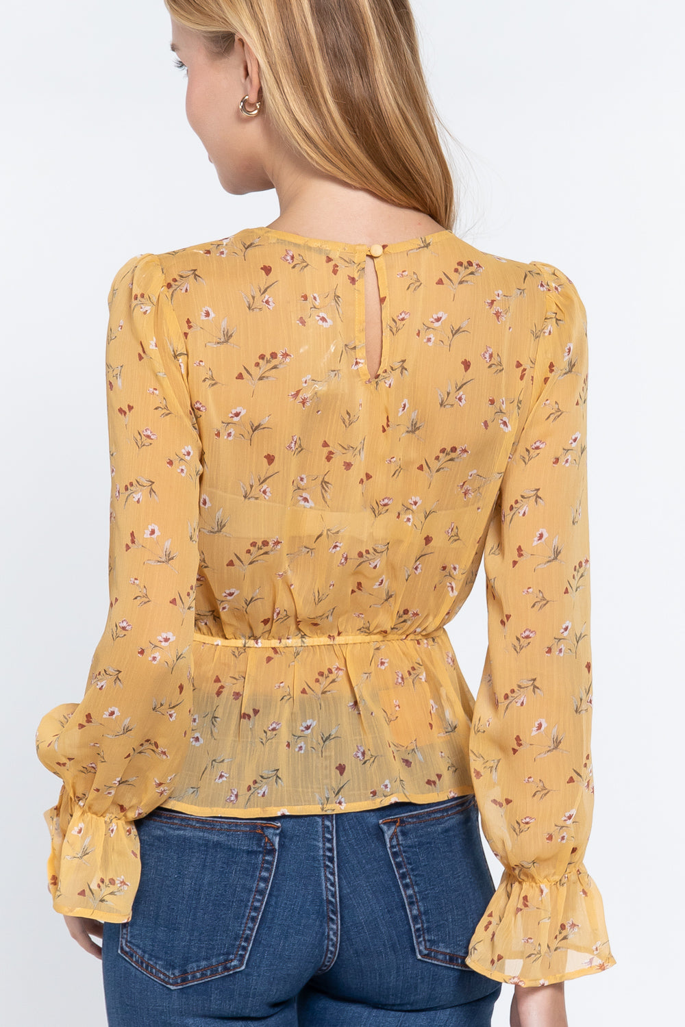 Women's Ruffle Sleeve Peplum Print Woven Top