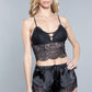 Women's 2 Piece. Lace Detail Crop Top, Adjustable Straps And Satin With Inseam Lace Shorts