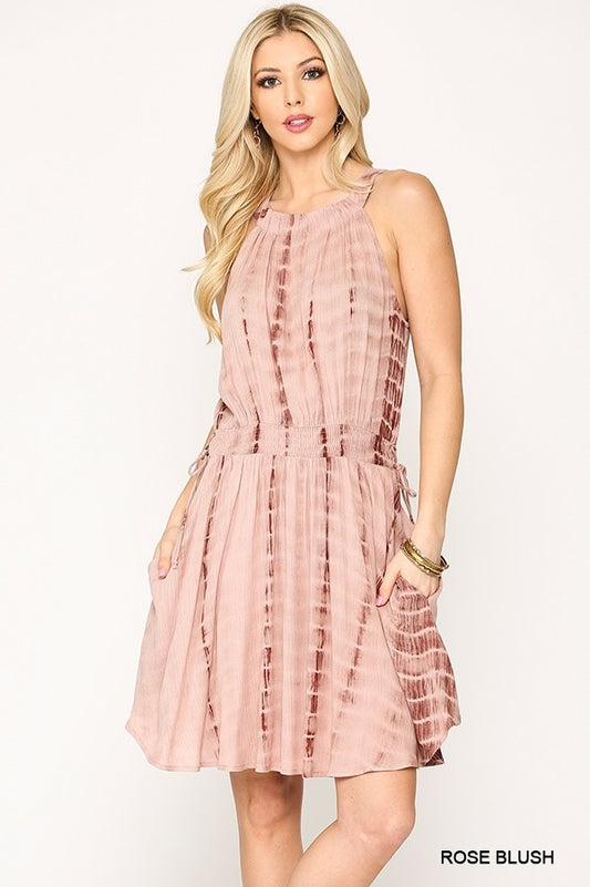 Women's Tie Dye Halter Neck Waist Smocked Dress With Side Tie And Pockets
