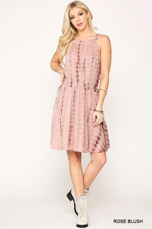 Women's Tie Dye Halter Neck Waist Smocked Dress With Side Tie And Pockets