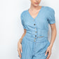 Women's Light Blue Button-front Denim Jean Top and Shorts Set