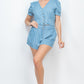 Women's Light Blue Button-front Denim Jean Top and Shorts Set