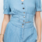 Women's Light Blue Button-front Denim Jean Top and Shorts Set