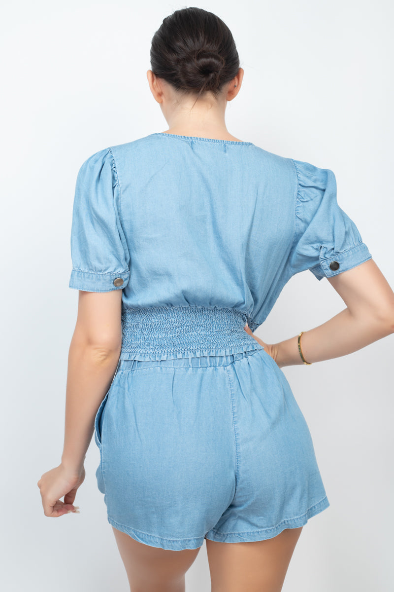 Women's Light Blue Button-front Denim Jean Top and Shorts Set