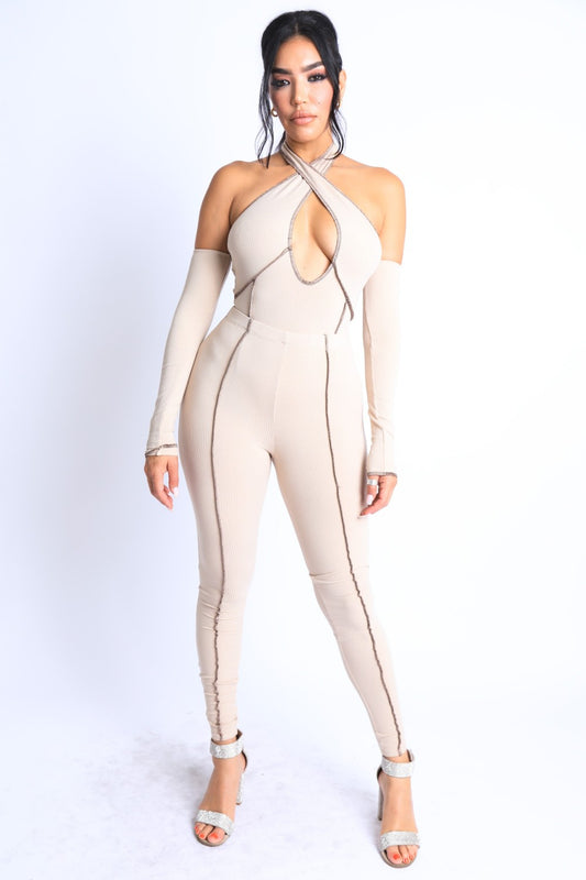 Women's Overlock Detailed Cross Halter Keyhole Neck Off Shoulder Set