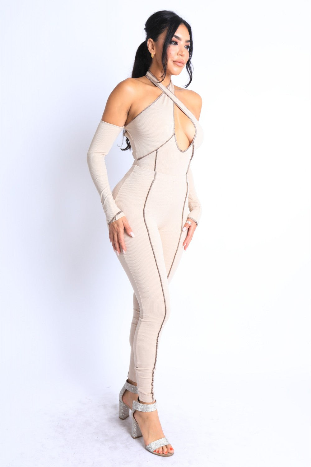 Women's Overlock Detailed Cross Halter Keyhole Neck Off Shoulder Set