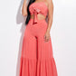 Women's Solid Tie Front Spaghetti Strap Tank Top And Tiered Wide Leg Pants Two Piece Set