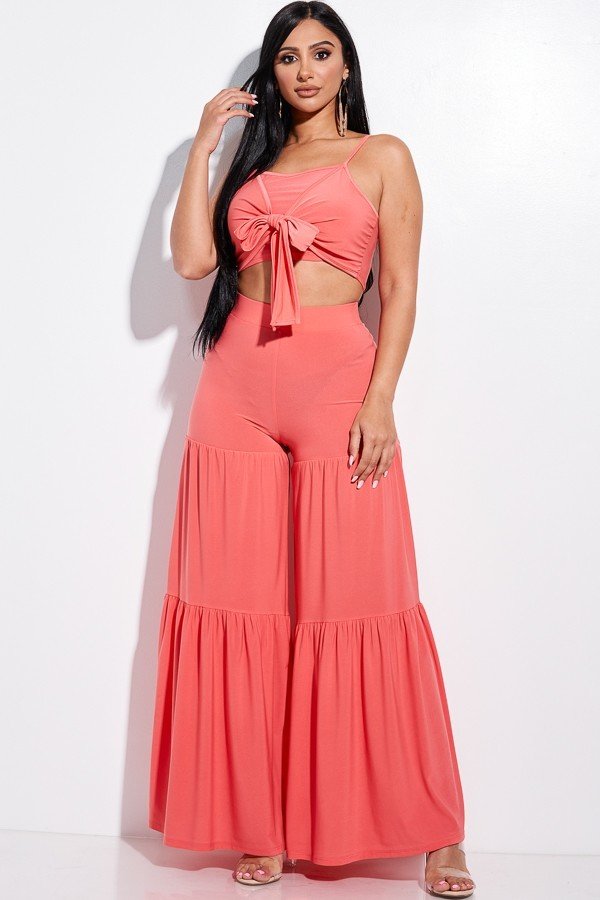 Women's Solid Tie Front Spaghetti Strap Tank Top And Tiered Wide Leg Pants Two Piece Set