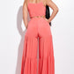 Women's Solid Tie Front Spaghetti Strap Tank Top And Tiered Wide Leg Pants Two Piece Set