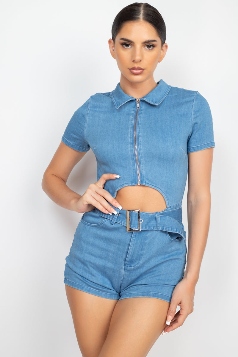 Women's Belted Zip-up Denim Jean Romper (S & M Only)