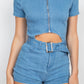 Women's Belted Zip-up Denim Jean Romper (S & M Only)