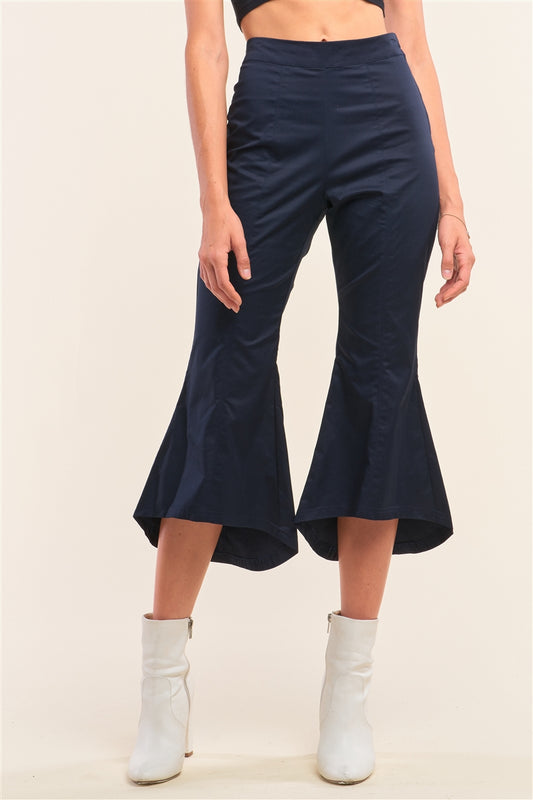 Women's Navy Solid High Waisted Retro Bell Bottom Flare Pants