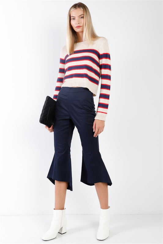 Women's Navy Solid High Waisted Retro Bell Bottom Flare Pants