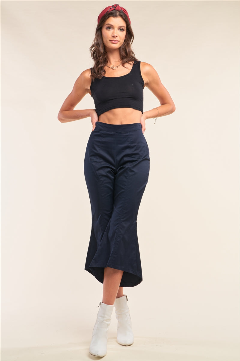 Women's Navy Solid High Waisted Retro Bell Bottom Flare Pants