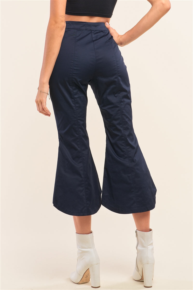 Women's Navy Solid High Waisted Retro Bell Bottom Flare Pants