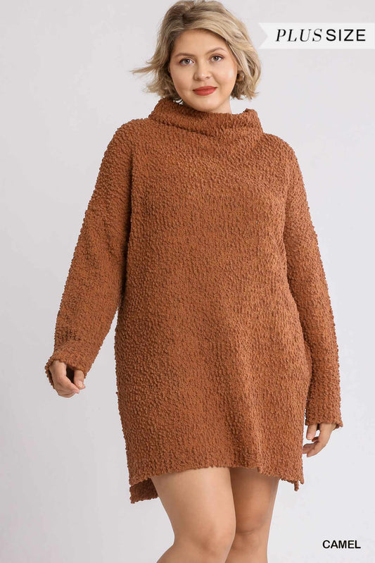 Women's High Cowl Neck Bouclé Long Sleeve Sweater Dress