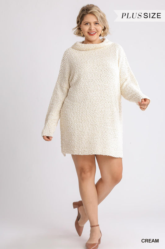 Women's High Cowl Neck Bouclé Long Sleeve Sweater Dress