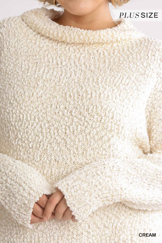 Women's High Cowl Neck Bouclé Long Sleeve Sweater Dress