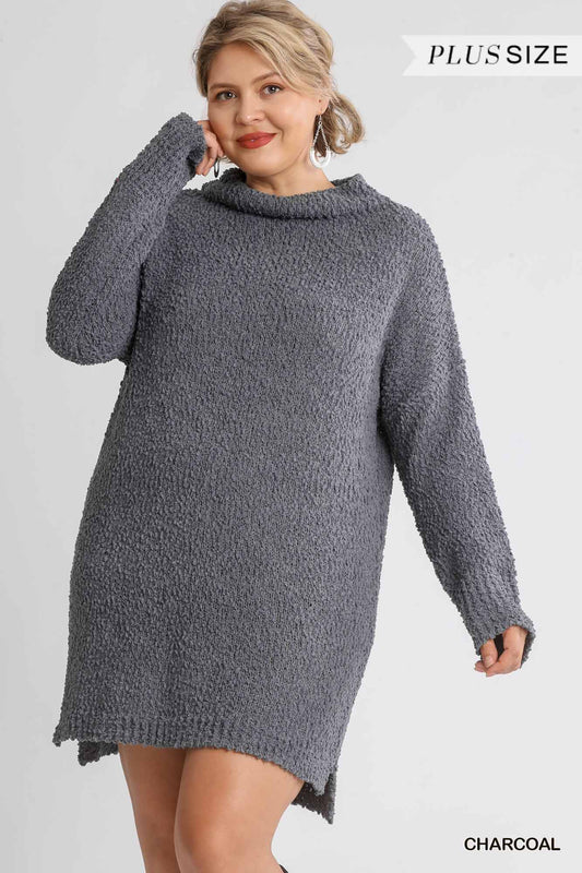 Women's High Cowl Neck Bouclé Long Sleeve Sweater Dress