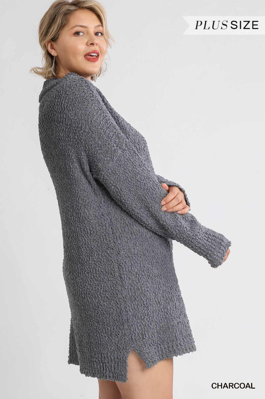 Women's High Cowl Neck Bouclé Long Sleeve Sweater Dress