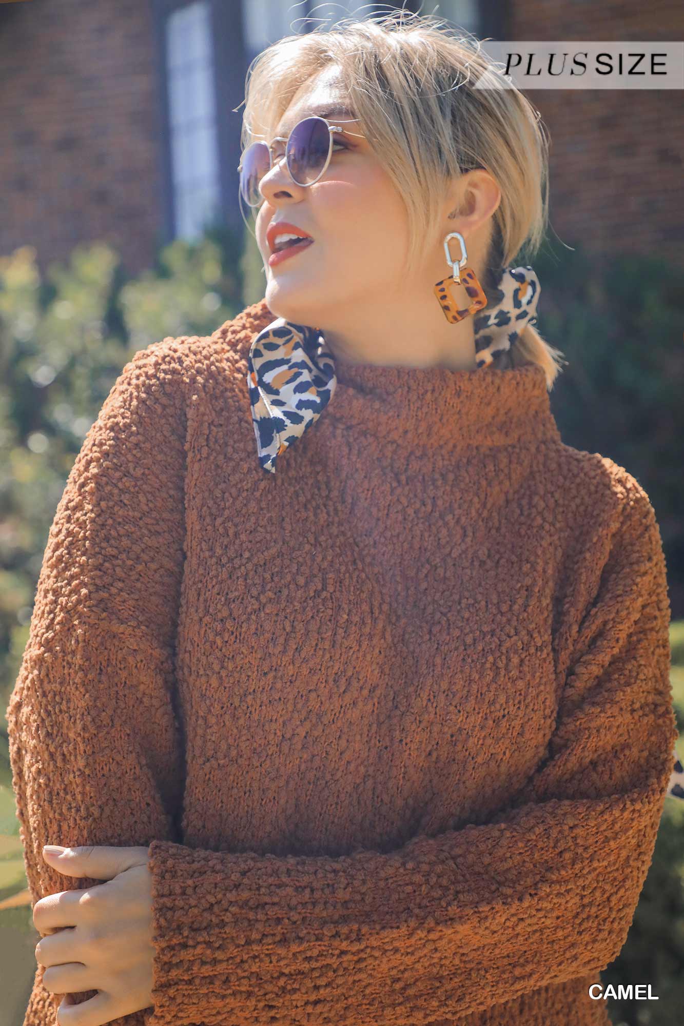 Women's High Cowl Neck Bouclé Long Sleeve Sweater Dress