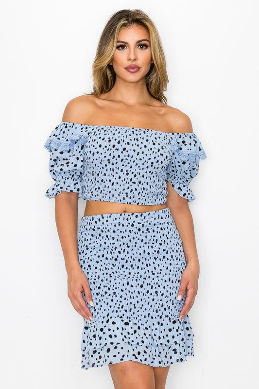 Women's Smocking Ruffled Printed Top & Skirts Set