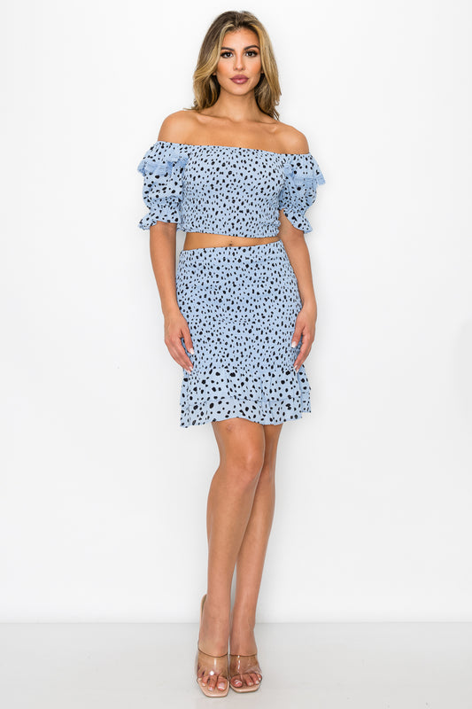 Women's Smocking Ruffled Printed Top & Skirts Set