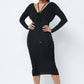 Women's Women's Long Sleeve Midi Dress With Low V Neck Front And Back With Ruching On Sides And Chest