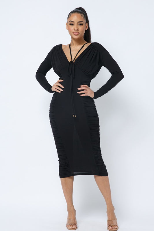 Women's Women's Long Sleeve Midi Dress With Low V Neck Front And Back With Ruching On Sides And Chest