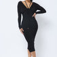 Women's Women's Long Sleeve Midi Dress With Low V Neck Front And Back With Ruching On Sides And Chest