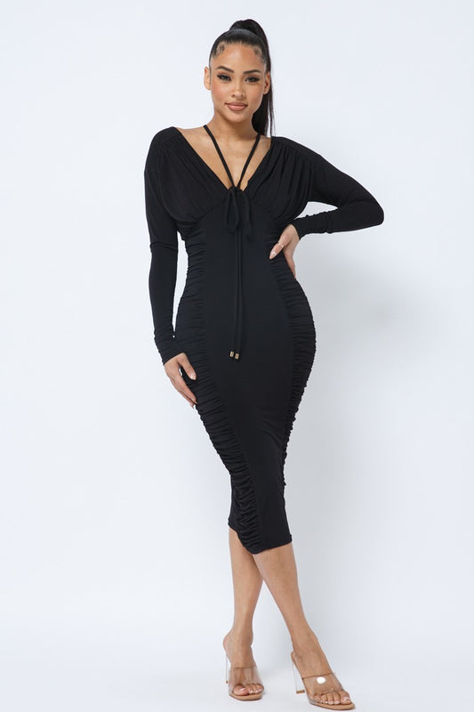 Women's Women's Long Sleeve Midi Dress With Low V Neck Front And Back With Ruching On Sides And Chest