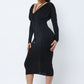 Women's Women's Long Sleeve Midi Dress With Low V Neck Front And Back With Ruching On Sides And Chest