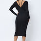 Women's Women's Long Sleeve Midi Dress With Low V Neck Front And Back With Ruching On Sides And Chest