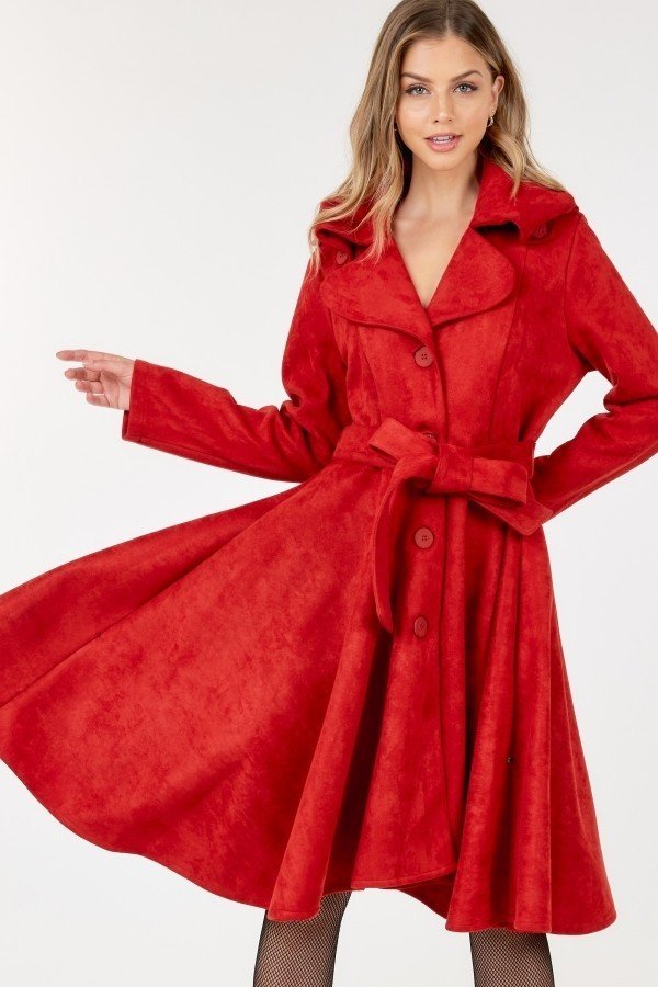 Women's Button Tacking Collar A Line Suede Coat