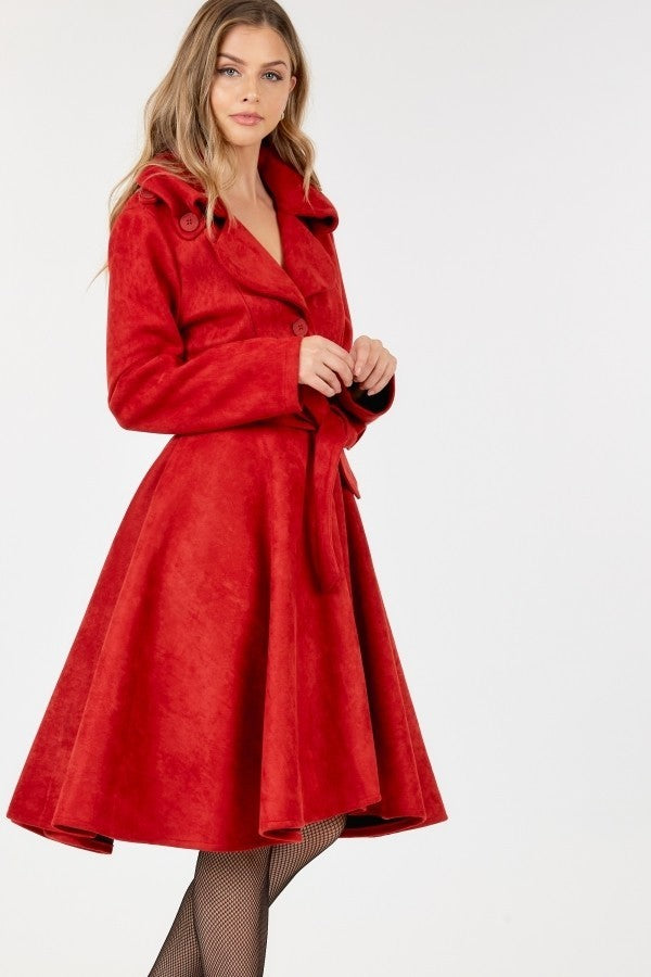 Women's Button Tacking Collar A Line Suede Coat