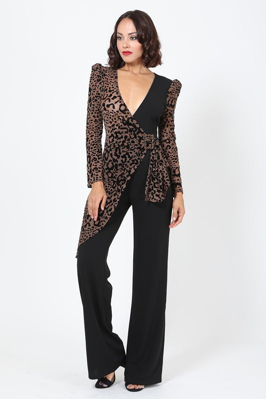 Women's Plunging V Buckle Detail Leopard Jumpsuit