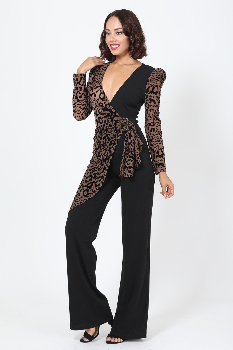 Women's Plunging V Buckle Detail Leopard Jumpsuit