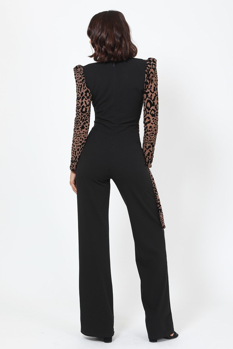 Women's Plunging V Buckle Detail Leopard Jumpsuit