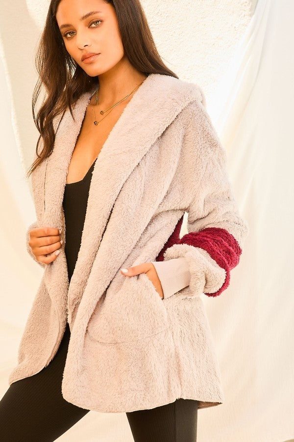 Women's Color Block Long Sleeve Wool Hoodie Jacket With Pocket