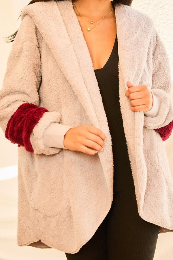 Women's Color Block Long Sleeve Wool Hoodie Jacket With Pocket