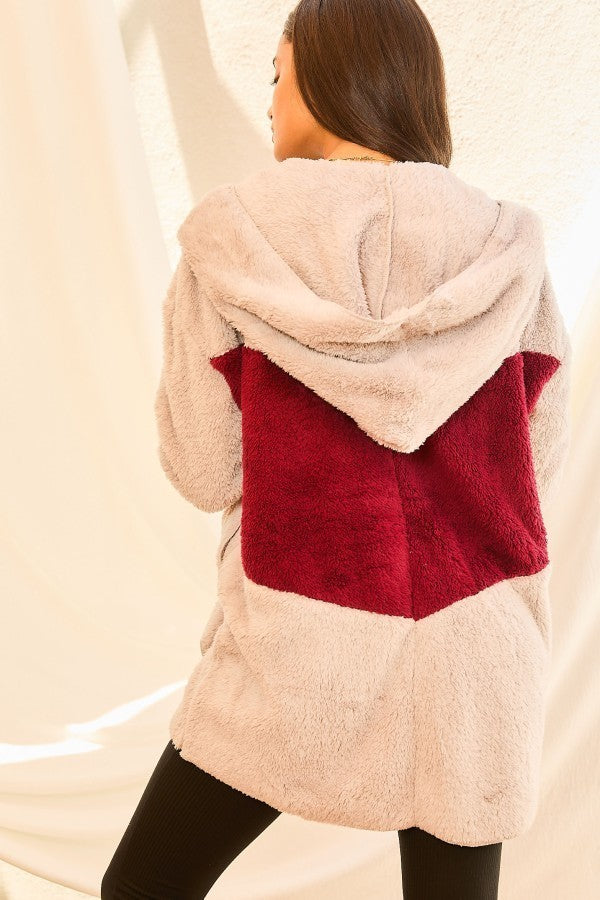 Women's Color Block Long Sleeve Wool Hoodie Jacket With Pocket