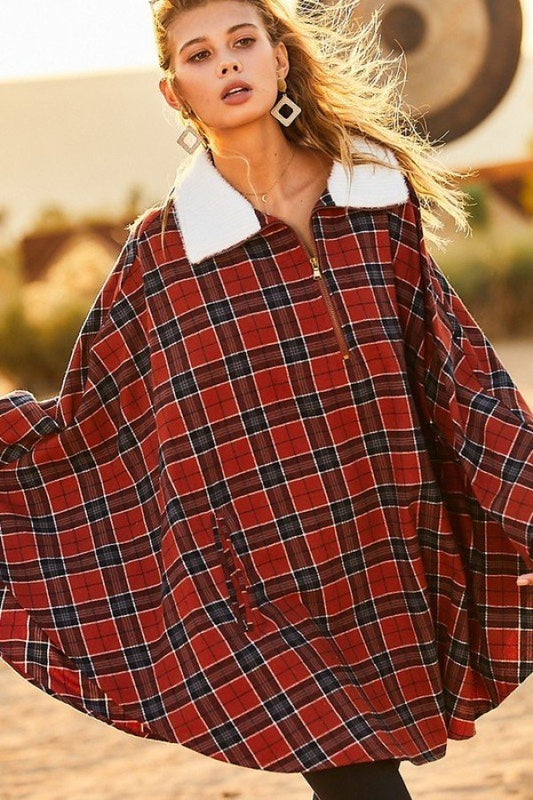 Women's Mock Neck with Zipper Contrast Inside Front Pocket Plaid Poncho
