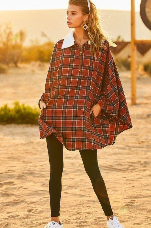 Women's Mock Neck with Zipper Contrast Inside Front Pocket Plaid Poncho