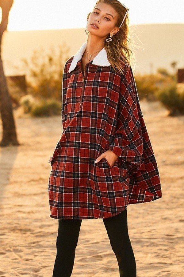 Women's Mock Neck with Zipper Contrast Inside Front Pocket Plaid Poncho