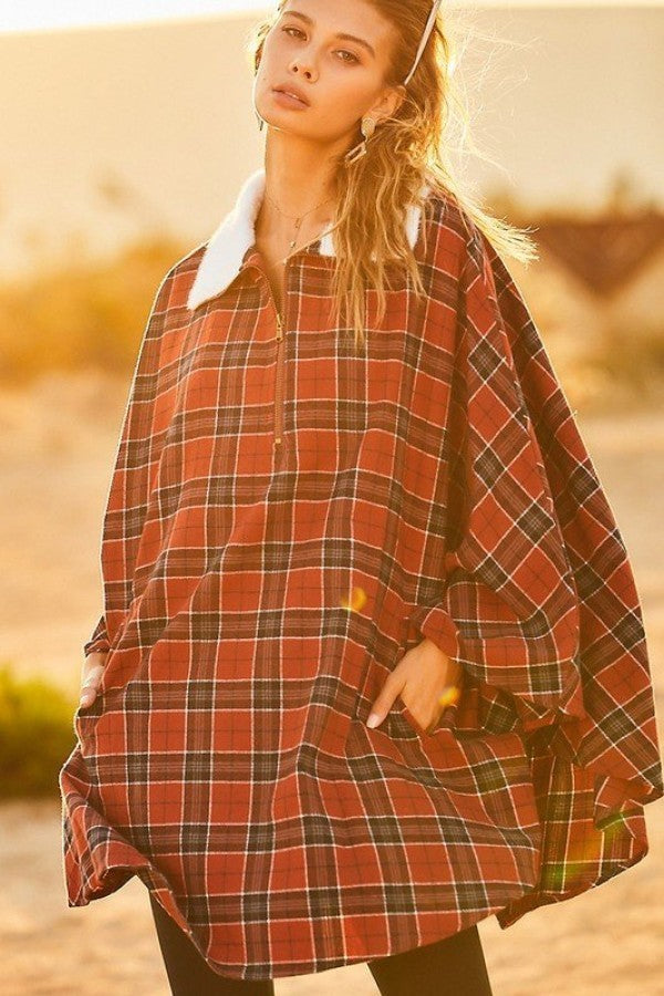 Women's Mock Neck with Zipper Contrast Inside Front Pocket Plaid Poncho